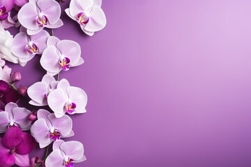 Fototapeta na wymiar Enchanting orchids and greeting card on purple background, copy space, magical