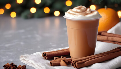 Plastic cup with hot drink on napkin with cinnamon and orange cantle near with garland on background.