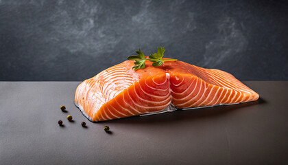 Raw salmon on a gray surface with green herbs