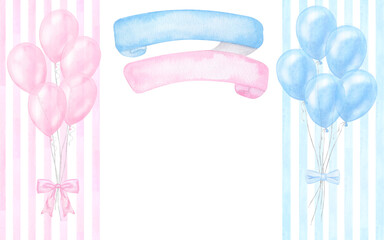 Banner blue pink balloons colored stripes bow, twins boy girl. Ribbons for text. Hand drawn watercolor illustration isolated on white background. For gender reveal party, baby shower, children - obrazy, fototapety, plakaty