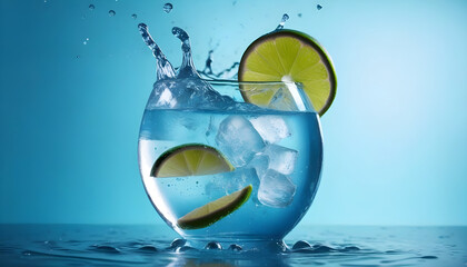 Splash with drinks in the glass, splash with fruits, lime juice, studio lighting, ice and water drops, Abstract blue water drop in the form of a sphere
