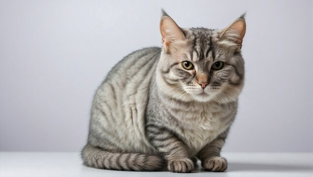A poised Chinchilla cat with a striped gray coat and piercing green eyes sits regally on a plain light background, its fur pattern and dignified stance capturing attention.