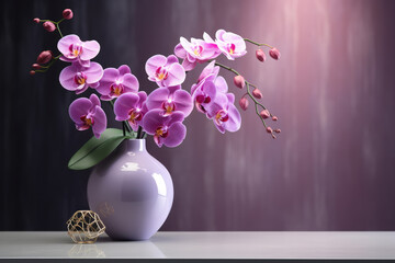 Purple orchids in glossy vase under soft studio lighting 3D Rendering