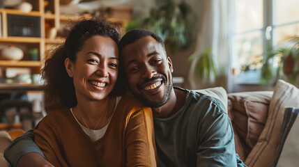 multicultural couple of lovers sitting hugging on the sofa at home, valentine's day concept - obrazy, fototapety, plakaty