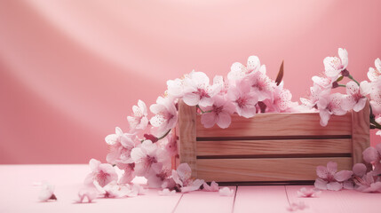 Fototapeta na wymiar Cherry blossoms in wooden crate on pink spring background 3D Rendering