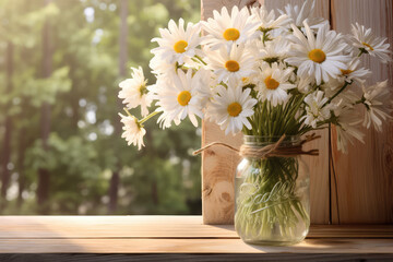 Daisy bouquet in mason jar against rustic wooden fence 3D Rendering