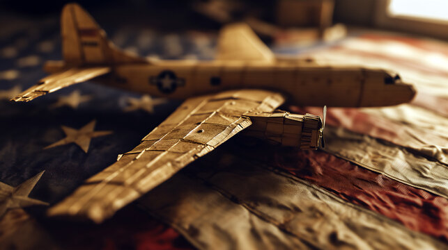 Vintage Military Airplane Model Over American Flag