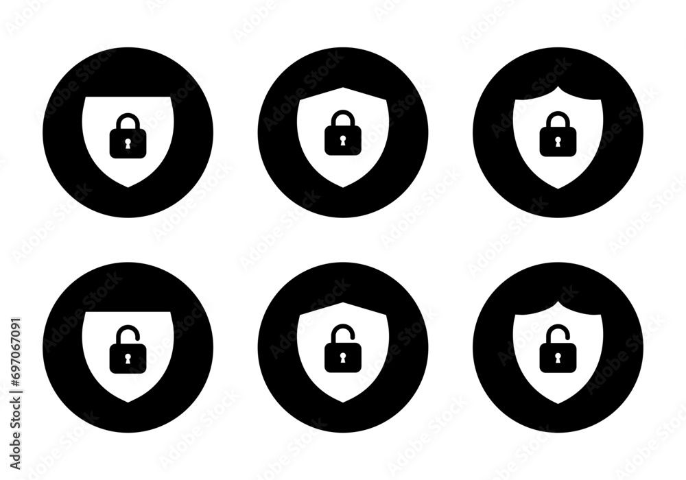 Aufkleber lock and unlock shield icon set on circle background. safeguard, security symbol vector