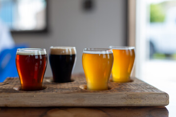 Small curved tulip shaped sample glasses of various ale beers with foam on the top. The samples are stout, red ale, pale ale, and IPA style beer on a wooden flight tray. The samples are on a table.