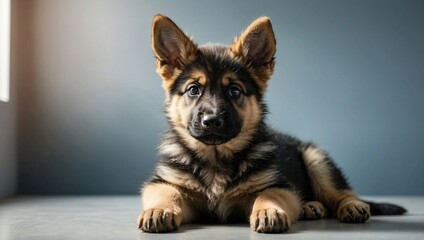 An adorable German Shepherd puppy lying down, with a curious expression, featuring a fluffy black and tan coat, in a minimalist studio setting with a soft, neutral background.