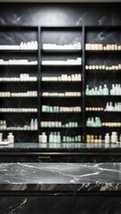 Blurred Pharmacy Counter on Empty Black Marble Table Background, Black Marble Table