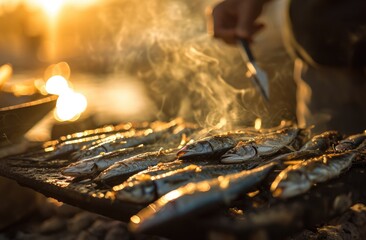 Culinary Symphony: In the Serenity of Outdoor Cooking, a Culinary Enthusiast Perfects the Grilling of Sardines on a Barbecue, Creating a Feast of Freshness and Mediterranean Essence.






