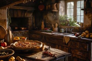 Homely Aromas: In a Rustic Provençal Kitchen, Culinary Tradition Comes Alive, Filling the Air with Authentic Fragrance and the Essence of French Gastronomy. - obrazy, fototapety, plakaty