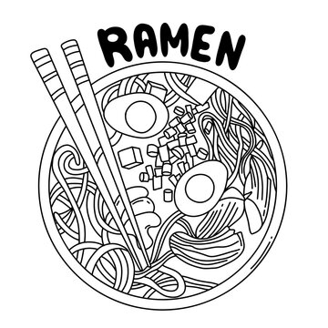 Illustration Asian noodle soup, ramen with chicken, shrimp, and tofu, vegetables, and egg in a bowl. Sketch. Line illustration of Japanese cuisine.