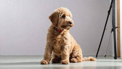 A cozy Goldendoodle sits in a studio, its curly golden fur catching the light, adorned with a red collar, giving a relaxed and attentive look against a neutral background.