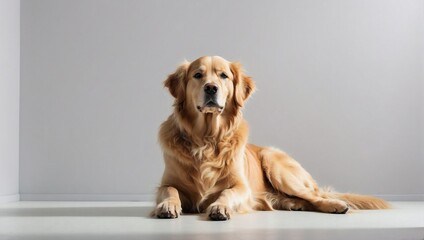 A noble Golden Retriever lies regally in a studio, its lush golden coat and composed demeanor standing out against a minimalistic white backdrop, epitomizing the breed's beauty and calm. - obrazy, fototapety, plakaty