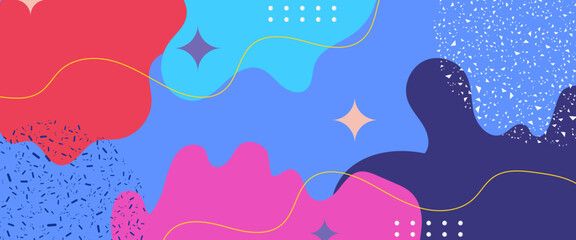Naklejka premium Colorful colourful abstract pop art color paint splash pattern banner. Vector overlay geometric design of trendy memphis style. Trendy Memphis 80s-90s style