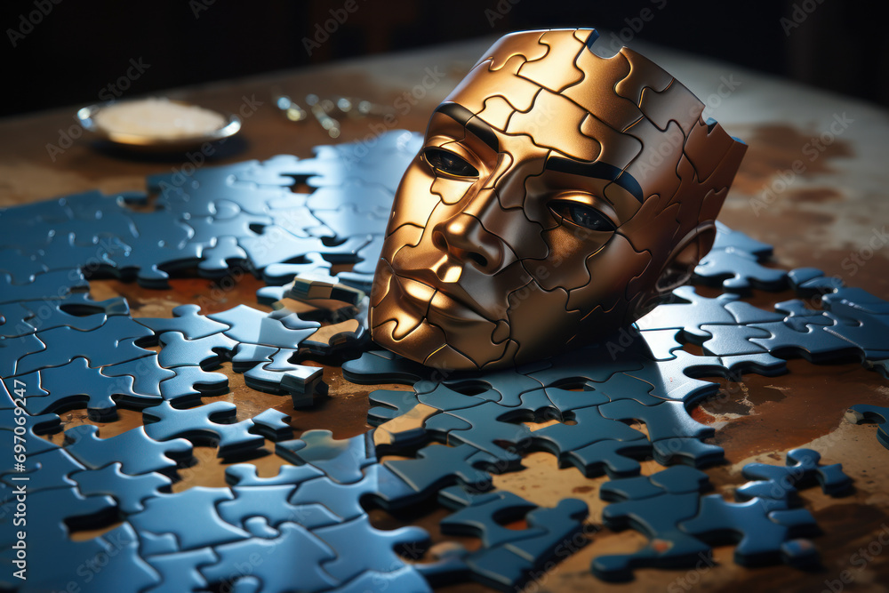 Poster a fragmented jigsaw puzzle scattered across a table, portraying the intricate challenge of piecing t