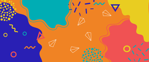 Colorful colourful abstract pop art memphis design. Colour shapes with memphis geometric. 90s pattern. Splash fun banner. Vector Illustration. Trendy Pop Art Memphis 80s-90s style