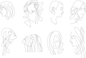 Set of women faces, line art concept, female beauty, vector illustration for beauty salon, fashion industry - 697069445