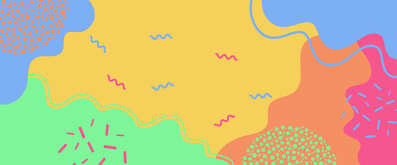 Colorful colourful abstract pop art banner with memphis geometric pattern and shapes liquid wave. 80-90s style. Vector illustration. Trendy Pop Art Memphis 80s-90s style