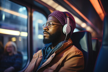 A person donning headphones and engaging in active listening to a podcast or audiobook, embodying the habit of continuous learning during daily commutes.  Generative Ai.