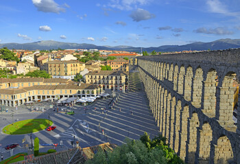 The aqueduct and its shadow - The Roman aqueduct of Segovia, probably built c. A.D. 50, is remarkably well preserved, Castilla y Leon, Spain, World Heritage Site by UNESCO