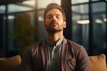 Obraz premium A person practicing mindful breathing exercises during a break at work, embracing the habit of stress relief through intentional breathwork. Concept of mindful relaxation. Generative Ai.