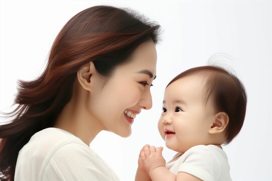 日本人の母親と赤ちゃんの横顔（家族・親子・白背景・背景なし）