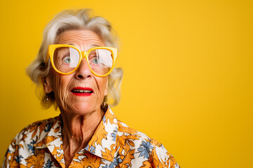 An elderly lady, 70 years old, with a bright yellow floral shirt and big glasses against yellow background