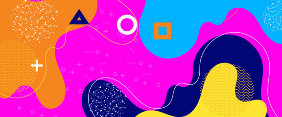 Colorful colourful funky pop art geometric shapes banner. Vector Illustration. Hipster style with memphis pattern. Trendy Pop Art Memphis 80s-90s style