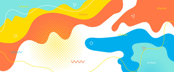 Colorful colourful abstract pop art color paint splash pattern banner. Vector overlay geometric design of trendy memphis style. Trendy Pop Art Memphis 80s-90s style