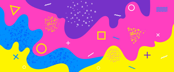Colorful colourful simple abstract pop art line and dots color pattern banner. Vector liquid splash overlay geometric design with trendy memphis style. Trendy Pop Art Memphis 80s-90s style