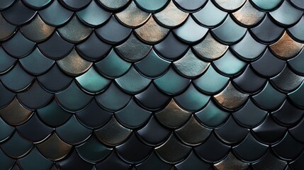 Fish Skin pattern, 3D Mosaic Tiles arranged in the shape of a wall. metallic glossy, Black, Blocks stacked to create a Futuristic block background - obrazy, fototapety, plakaty