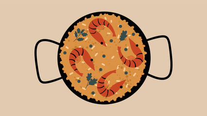 Traditional Spanish dish Paella on a frying pan. Food banner. Vector illustration in hand draw style.
