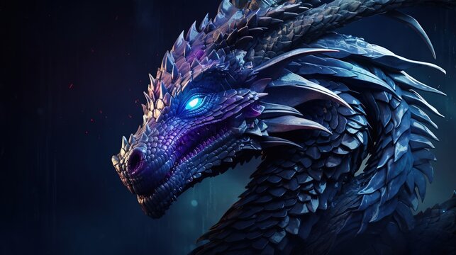 fantasy character, ancient blue dragon, with scales glistening in shades of amethyst and sapphire