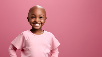 Portrait of smiling bald cute black girl on pink studio background with copy space. Children's ancology concept. Happy cancer patient. Recovery from leukemia cancer. Cancer survivor.