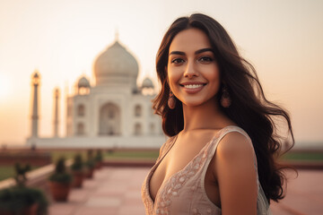 Portrait of a Beautiful Young Indian Model Woman for a Tourism Campaign Advertisement with Taj Mahal Sunset