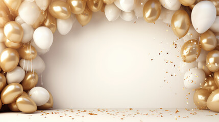 Fototapeta na wymiar Balloon arch and confetti for a birthday celebration, text space