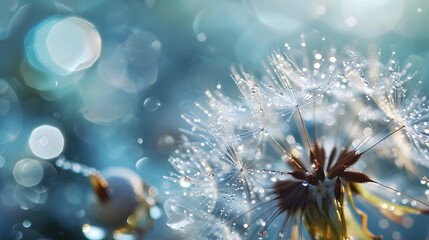 Fototapeta premium Flower dandelion seeds in drops dew rain sparkle in rays light close-up macro. Abstract art background for design, beautiful round bokeh, blurry soft blue background. Bright colorful artistic image. 