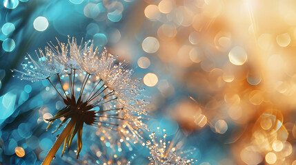 Fototapeta premium Flower dandelion seeds in drops dew rain sparkle in rays light close-up macro. Abstract art background for design, beautiful round bokeh, blurry soft blue background. Bright colorful artistic image. 