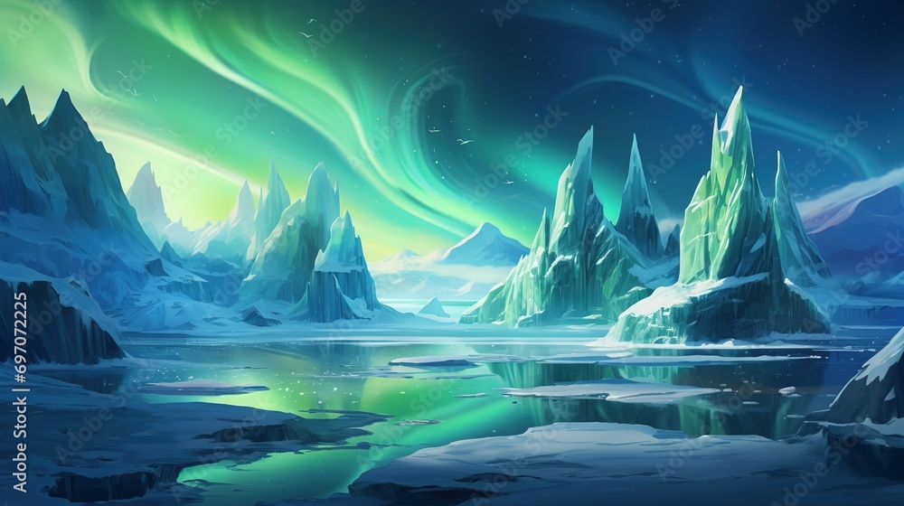 Sticker the northern lights dancing over a frozen arctic landscape, illuminating icebergs and snowy plains i