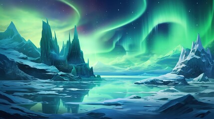 the Northern Lights dancing over a frozen Arctic landscape, illuminating icebergs and snowy plains in ethereal shades of green and blue