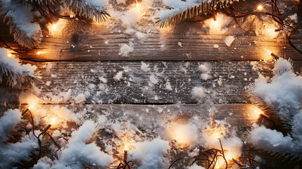 Winter Christmas snowy frame with copy space. Wooden light boards are covered with snow with clean free empty space for text