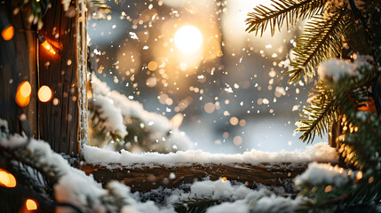 Winter Christmas snowy frame with copy space. Wooden light boards are covered with snow with clean free empty space for text