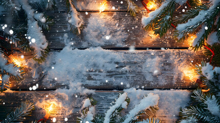 Winter Christmas snowy frame with copy space. Wooden light boards are covered with snow with clean free empty space for text
