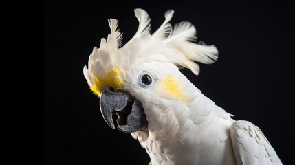 Beautiful parrot cockatoo studio shooting. Positive white parrot cockatoo close-up. Parrot food advertising template. Veterinary clinic banner. 3D wallpaper with animals. Poster with funny animals. 