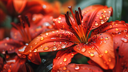 Large and small droplets of water after summer rain on bright red petal of a lily flower in nature outdoors, macro, soft focus - Powered by Adobe