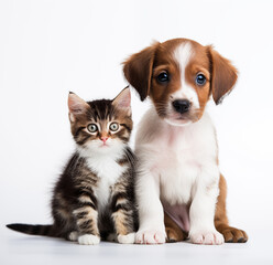 Very Cute Tabby Kitten and a Puppy Sit Together