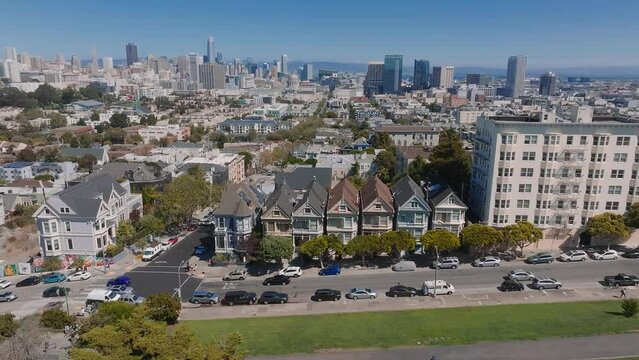 Painted Ladies Victorian houses in Alamo Square. San Francisco, California cityscape at Alamo Square. It is the row of Victorian houses at Steiner.
